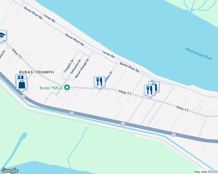 map of restaurants, bars, coffee shops, grocery stores, and more near 36547 Highway 11 in Buras