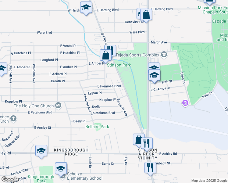map of restaurants, bars, coffee shops, grocery stores, and more near 8402 Barranca Avenue in San Antonio