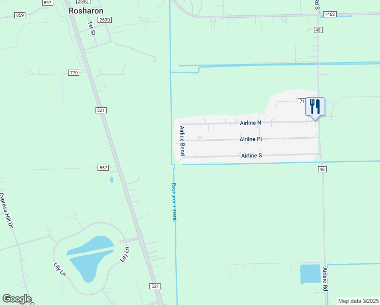 map of restaurants, bars, coffee shops, grocery stores, and more near 914 Airline South in Rosharon