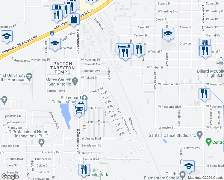map of restaurants, bars, coffee shops, grocery stores, and more near 8403 Wilma Jean Drive in San Antonio