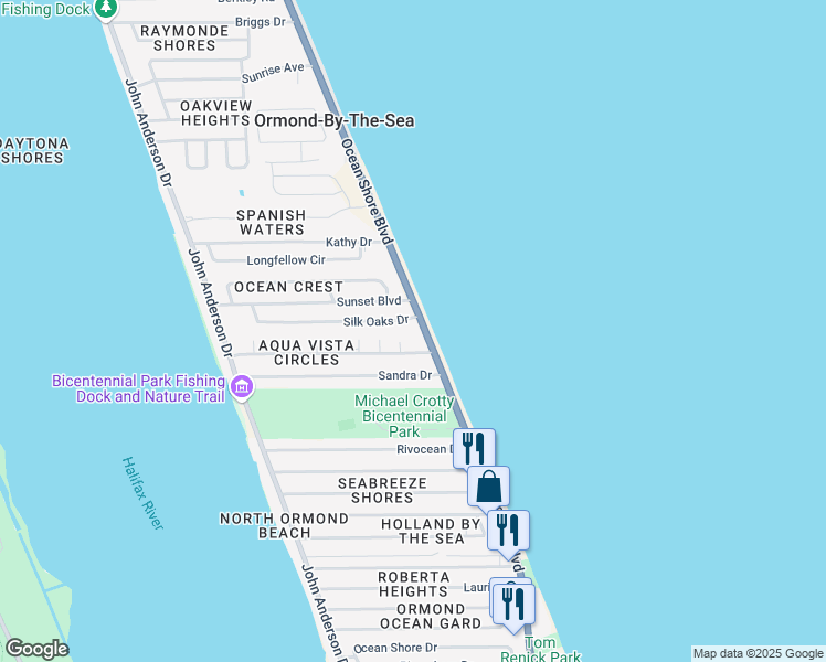 map of restaurants, bars, coffee shops, grocery stores, and more near 1920 Ocean Shore Boulevard in Ormond Beach