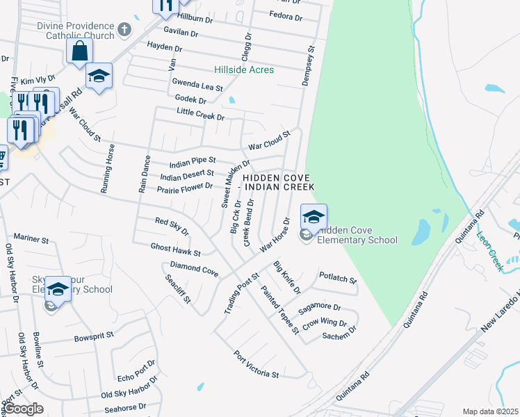 map of restaurants, bars, coffee shops, grocery stores, and more near 8522 Creek Bend Drive in San Antonio
