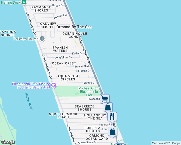 map of restaurants, bars, coffee shops, grocery stores, and more near 1920 Ocean Shore Boulevard in Ormond Beach