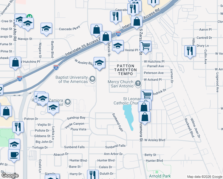map of restaurants, bars, coffee shops, grocery stores, and more near 1810 Barrett Palms in San Antonio