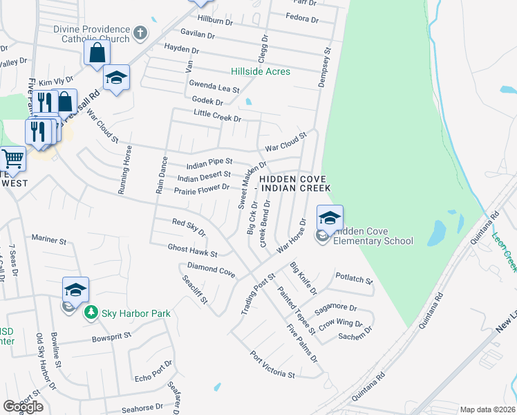 map of restaurants, bars, coffee shops, grocery stores, and more near 8522 Creek Bend Drive in San Antonio