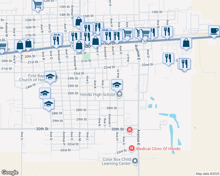 map of restaurants, bars, coffee shops, grocery stores, and more near 2510 Avenue I in Hondo