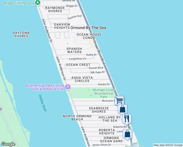 map of restaurants, bars, coffee shops, grocery stores, and more near 3 Ligustrum Circle in Ormond Beach