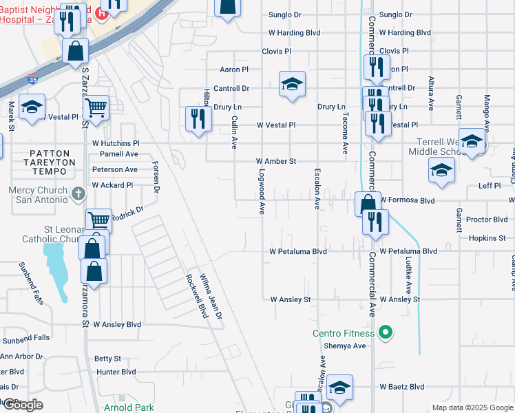 map of restaurants, bars, coffee shops, grocery stores, and more near 1422 Logwood Avenue in San Antonio