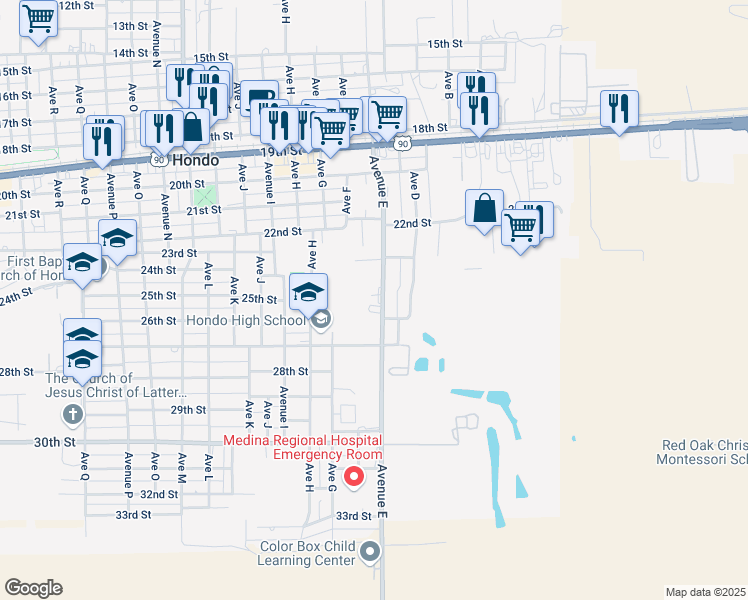 map of restaurants, bars, coffee shops, grocery stores, and more near 2604 Avenue East in Hondo