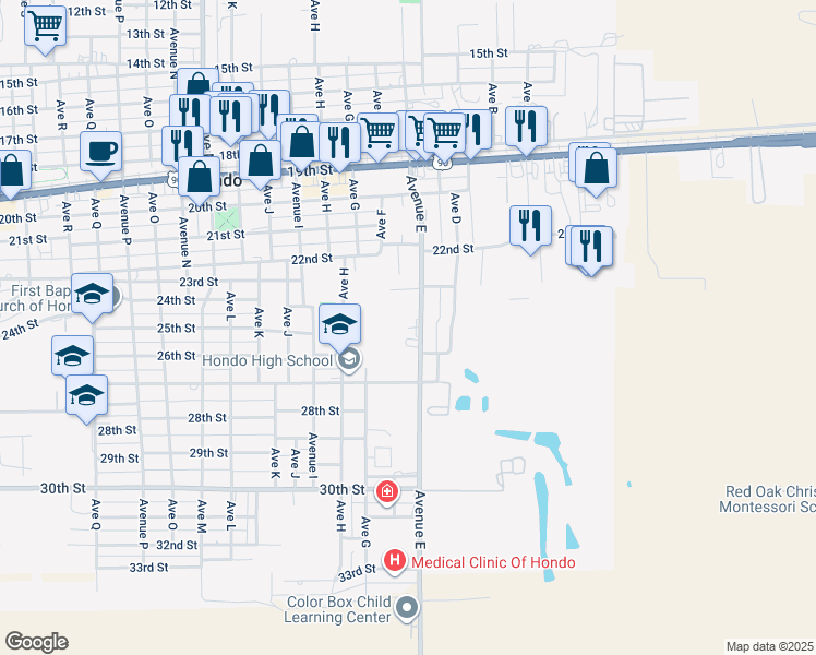 map of restaurants, bars, coffee shops, grocery stores, and more near 2312 Avenue East in Hondo