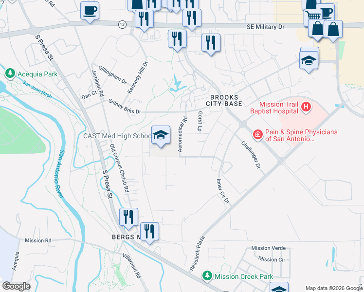 map of restaurants, bars, coffee shops, grocery stores, and more near 8010 Aeromedical Road in San Antonio