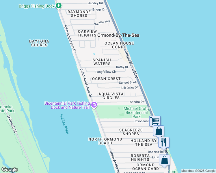 map of restaurants, bars, coffee shops, grocery stores, and more near 31 Silk Oaks Drive in Ormond Beach