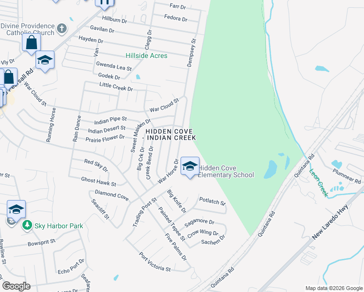 map of restaurants, bars, coffee shops, grocery stores, and more near 4934 War Horse Drive in San Antonio