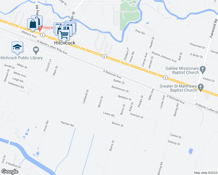 map of restaurants, bars, coffee shops, grocery stores, and more near 7217 Backstrom Street in Hitchcock