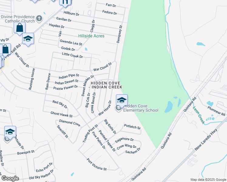 map of restaurants, bars, coffee shops, grocery stores, and more near 4930 War Horse Drive in San Antonio