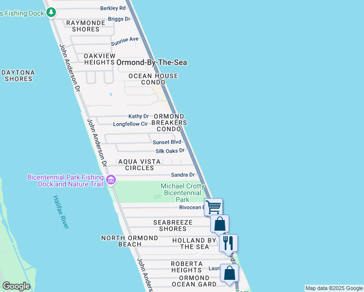 map of restaurants, bars, coffee shops, grocery stores, and more near 2A Sunset Boulevard in Ormond Beach