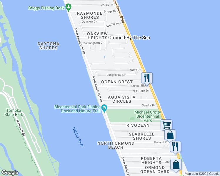 map of restaurants, bars, coffee shops, grocery stores, and more near 44 Sunset Boulevard in Ormond Beach