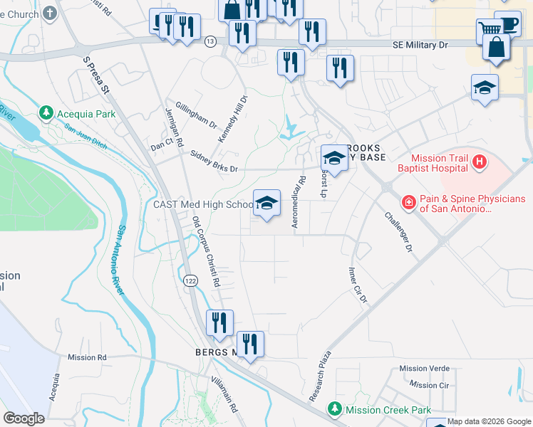 map of restaurants, bars, coffee shops, grocery stores, and more near Junkin Drive in San Antonio