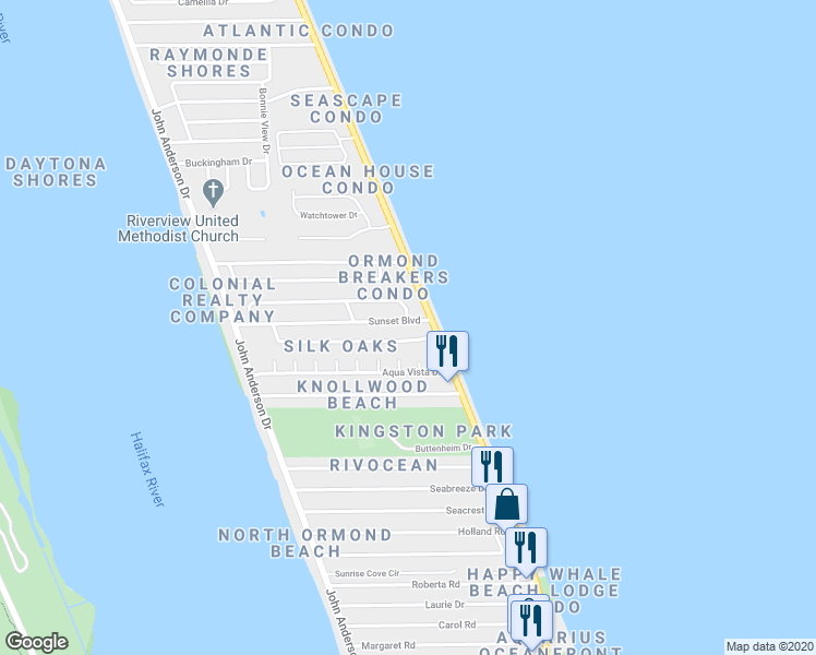map of restaurants, bars, coffee shops, grocery stores, and more near 2A Sunset Boulevard in Ormond Beach