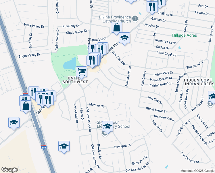 map of restaurants, bars, coffee shops, grocery stores, and more near 5907 Stoney Creek Drive in San Antonio