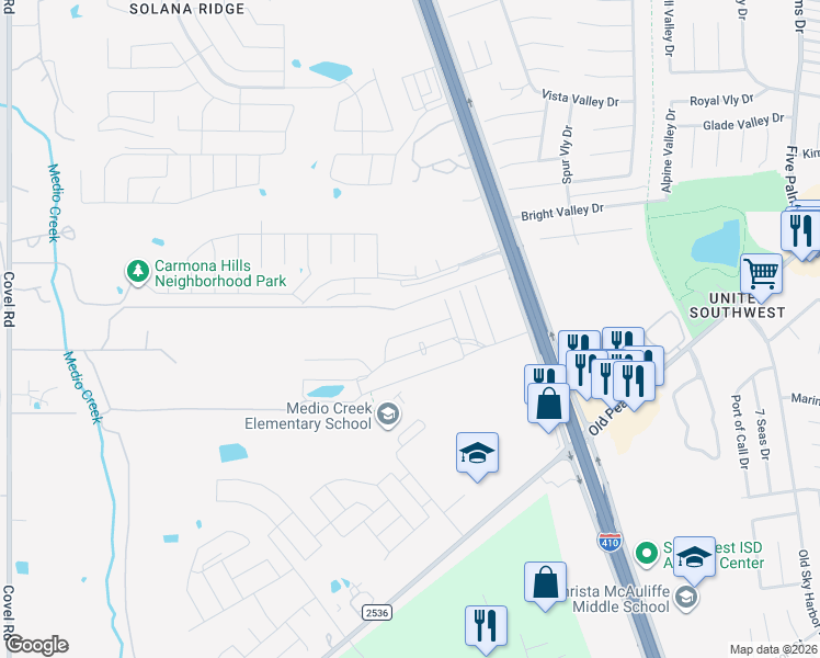 map of restaurants, bars, coffee shops, grocery stores, and more near 8671 Southwest Loop 410 in San Antonio