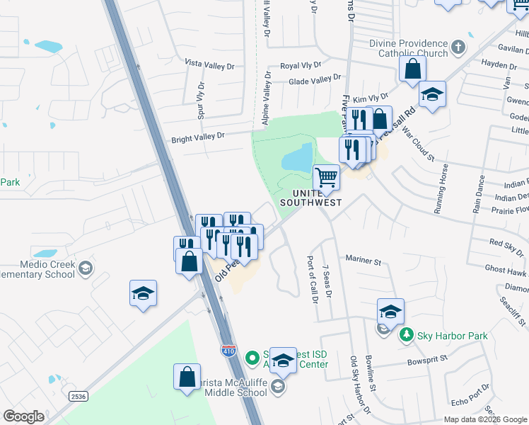 map of restaurants, bars, coffee shops, grocery stores, and more near 6211 Old Pearsall Road in San Antonio