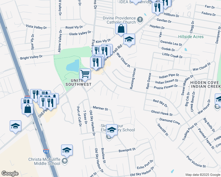 map of restaurants, bars, coffee shops, grocery stores, and more near 5907 Stoney Creek Drive in San Antonio