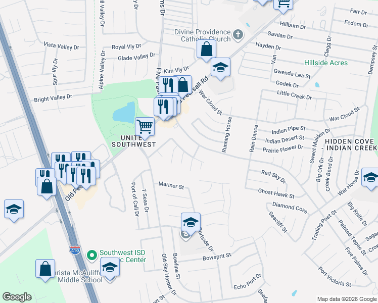 map of restaurants, bars, coffee shops, grocery stores, and more near 5907 Stoney Creek Drive in San Antonio