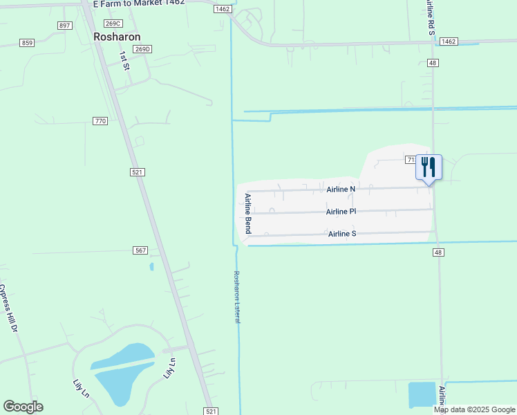 map of restaurants, bars, coffee shops, grocery stores, and more near 915 Airline Place in Rosharon