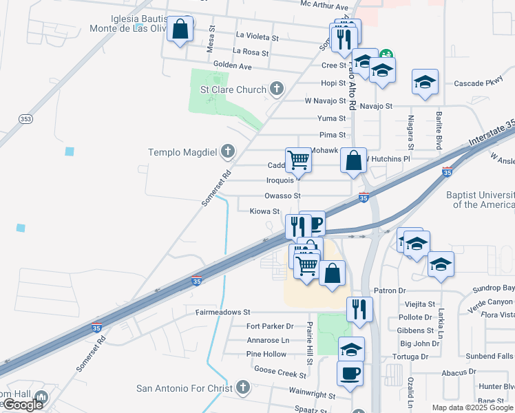 map of restaurants, bars, coffee shops, grocery stores, and more near 3051 Kiowa Street in San Antonio