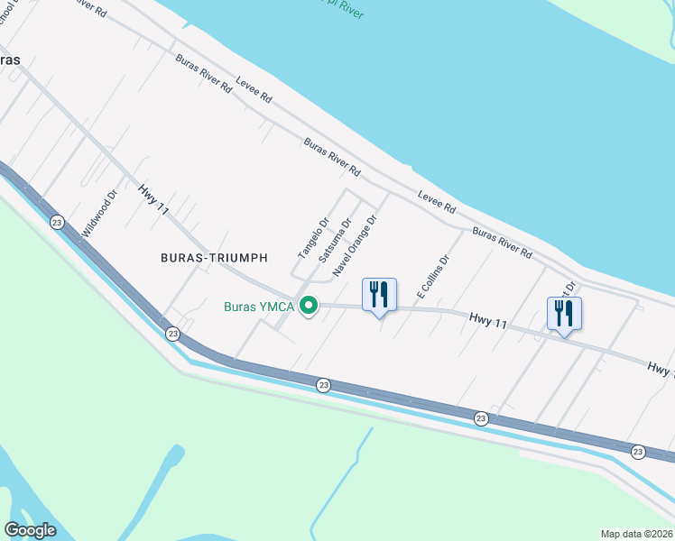 map of restaurants, bars, coffee shops, grocery stores, and more near 108 Nicholas Lane in Buras