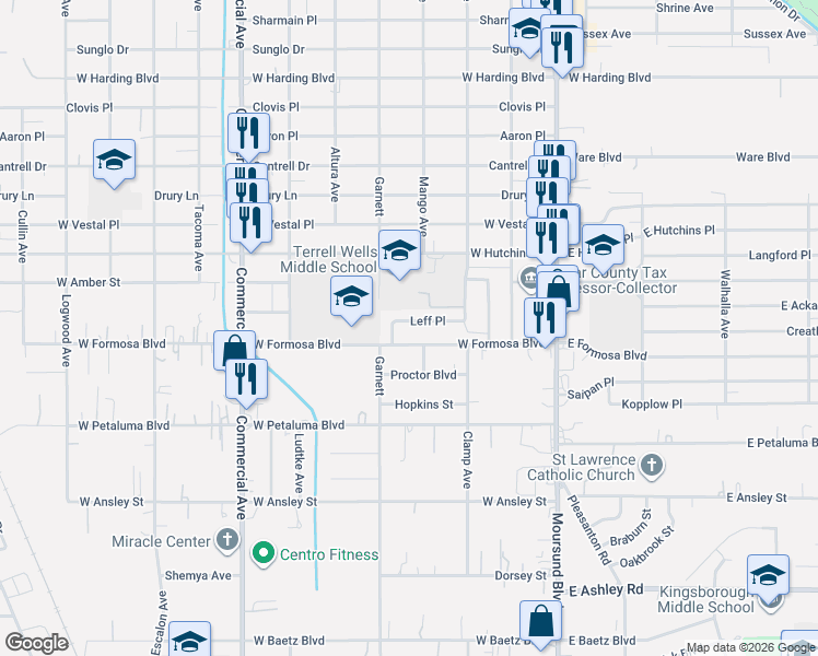 map of restaurants, bars, coffee shops, grocery stores, and more near 338 Leff Place in San Antonio