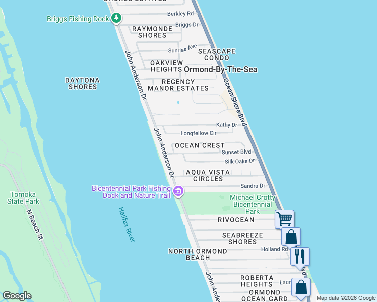 map of restaurants, bars, coffee shops, grocery stores, and more near 39 Sunset Boulevard in Ormond Beach
