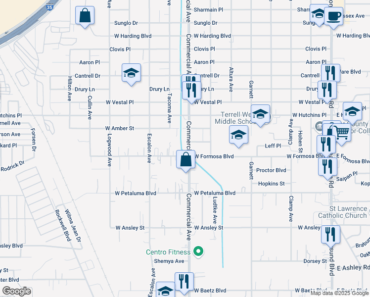 map of restaurants, bars, coffee shops, grocery stores, and more near 3409 Commercial Avenue in San Antonio