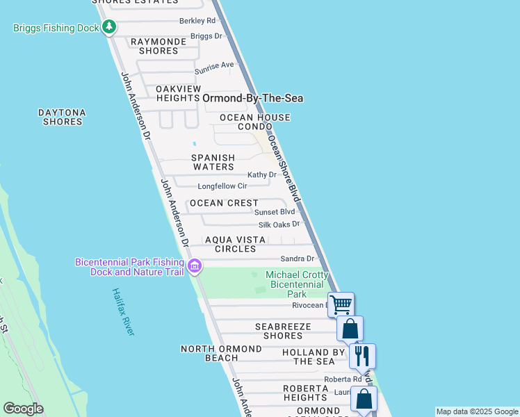 map of restaurants, bars, coffee shops, grocery stores, and more near 11 Sunset Boulevard in Ormond Beach