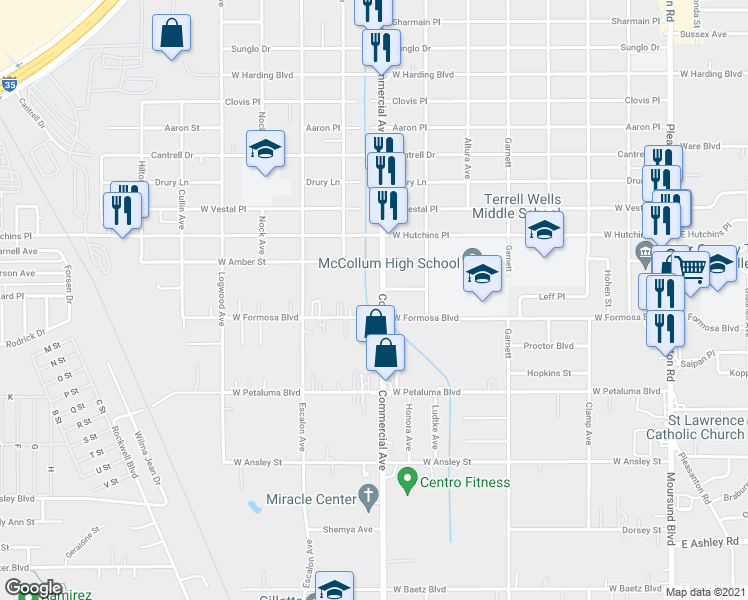 map of restaurants, bars, coffee shops, grocery stores, and more near 815 West Formosa Boulevard in San Antonio
