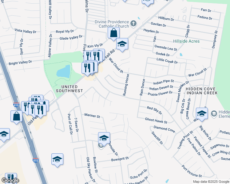 map of restaurants, bars, coffee shops, grocery stores, and more near 8719 Five Palms Drive in San Antonio