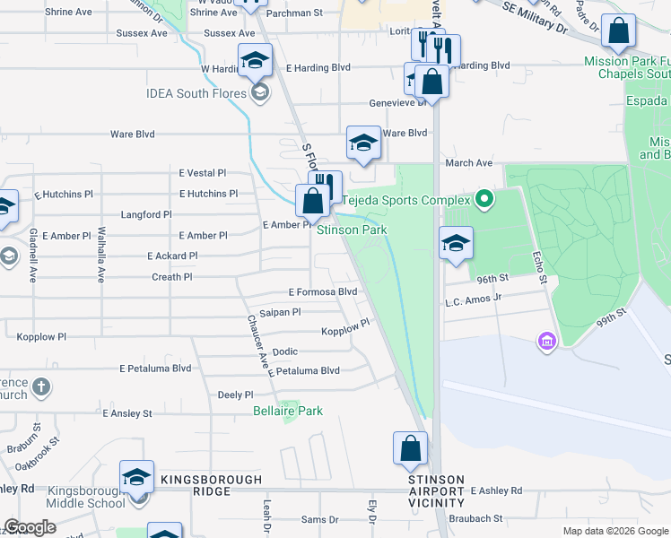 map of restaurants, bars, coffee shops, grocery stores, and more near 8237 South Flores Street in San Antonio