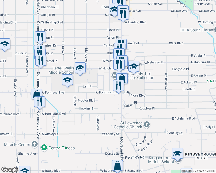 map of restaurants, bars, coffee shops, grocery stores, and more near 8218 Hohen Street in San Antonio