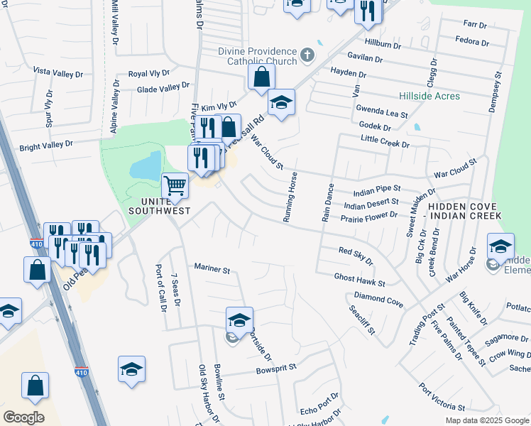 map of restaurants, bars, coffee shops, grocery stores, and more near 8719 Five Palms Drive in San Antonio