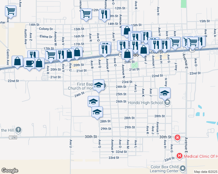 map of restaurants, bars, coffee shops, grocery stores, and more near 2400 Avenue P in Hondo