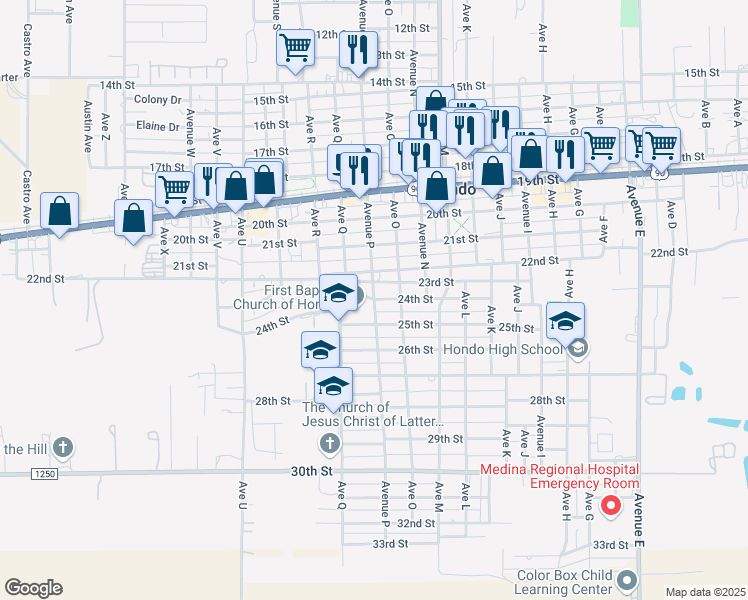 map of restaurants, bars, coffee shops, grocery stores, and more near 2400 Avenue P in Hondo