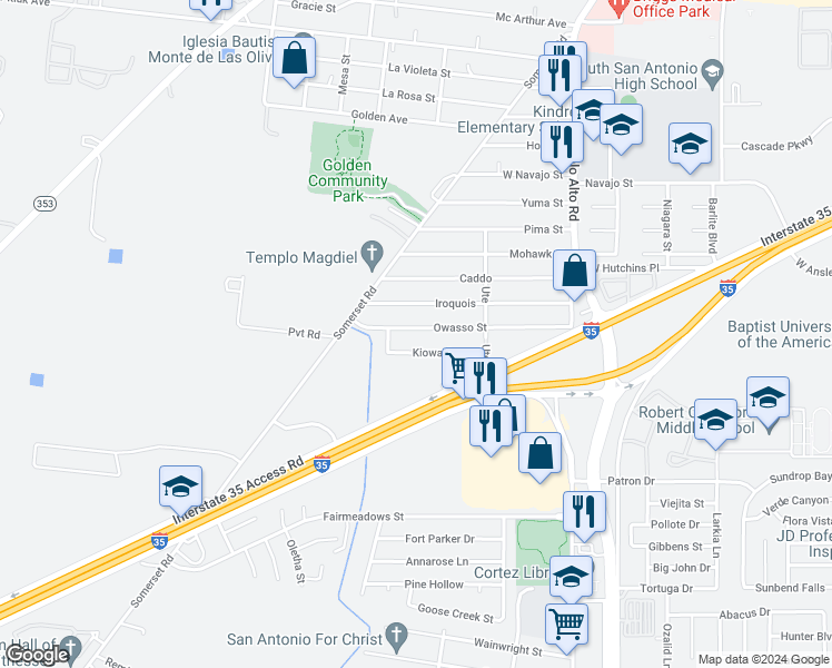 map of restaurants, bars, coffee shops, grocery stores, and more near 3118 Owasso Street in San Antonio