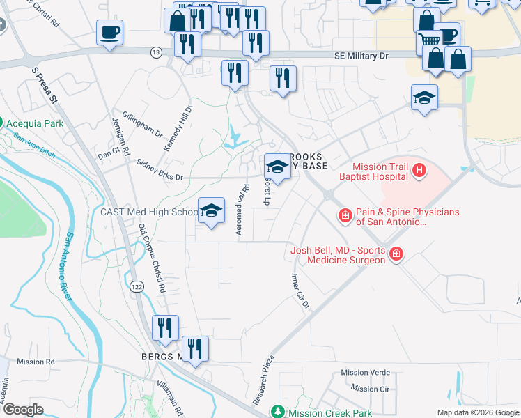 map of restaurants, bars, coffee shops, grocery stores, and more near 8010 Aeromedical Road in San Antonio