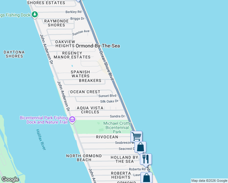 map of restaurants, bars, coffee shops, grocery stores, and more near 2A Sunset Boulevard in Ormond Beach