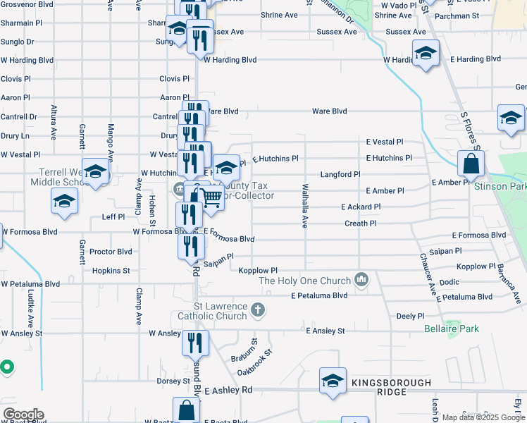 map of restaurants, bars, coffee shops, grocery stores, and more near 103 Creath Place in San Antonio