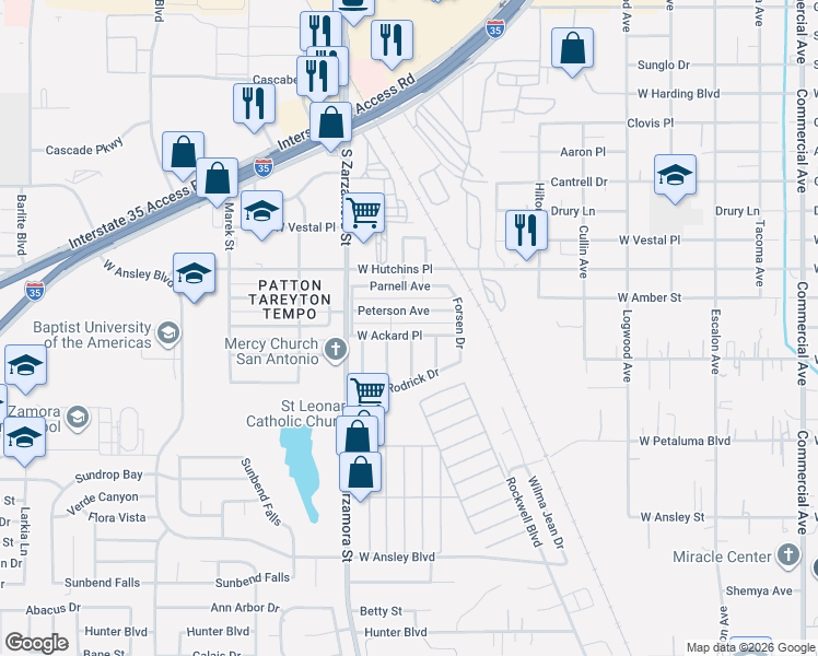 map of restaurants, bars, coffee shops, grocery stores, and more near 8307 Manoway Street in San Antonio