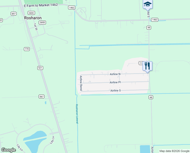 map of restaurants, bars, coffee shops, grocery stores, and more near 1015 Airline Place in Rosharon