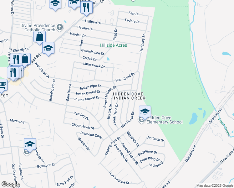 map of restaurants, bars, coffee shops, grocery stores, and more near 8427 Creek Bend Drive in San Antonio
