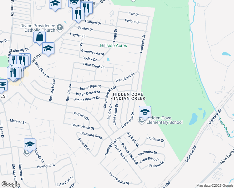 map of restaurants, bars, coffee shops, grocery stores, and more near 8427 Creek Bend Drive in San Antonio